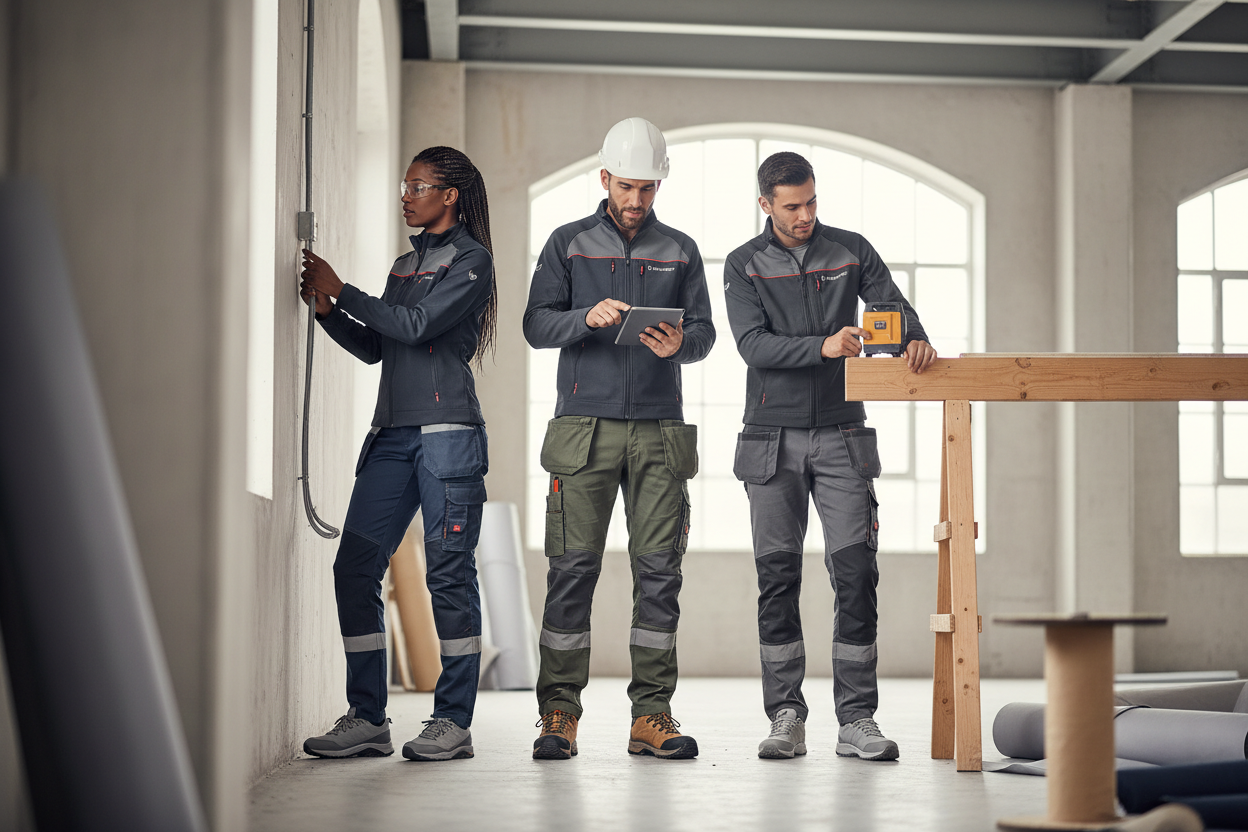 Cinematic wide-angle banner for a professional workwear e-commerce website. A group of diverse professional workers (electrician, construction worker, and a modern craftsman) working together in a bright, modern industrial environment with soft natural lighting. They are wearing premium technical workwear, including high-tech work trousers and stylish safety shoes (U-Power style). The focus is on the quality of the fabrics and the modern design of the clothes. Minimalist background, high-end photography, 8k